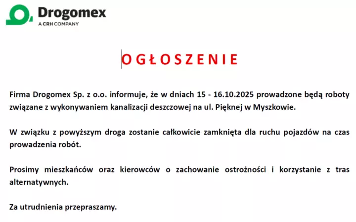 Zdjęcie: Zamknięta ul. Piękna w Myszkowie